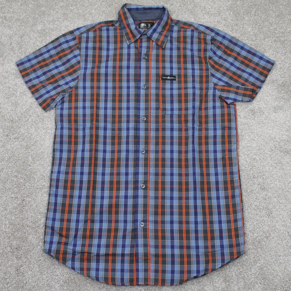 Taco Bell Employee Shirt‎ Mens Small Blue/Orange Plaid Poly/Cotton Short Sleeve